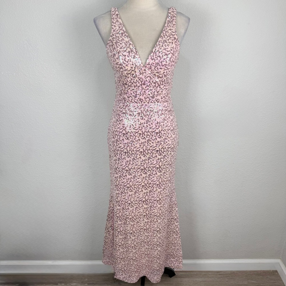 Windsor Pink Full Sequin V-Neck Mermaid Maxi Dress Evening Gown Size Small
